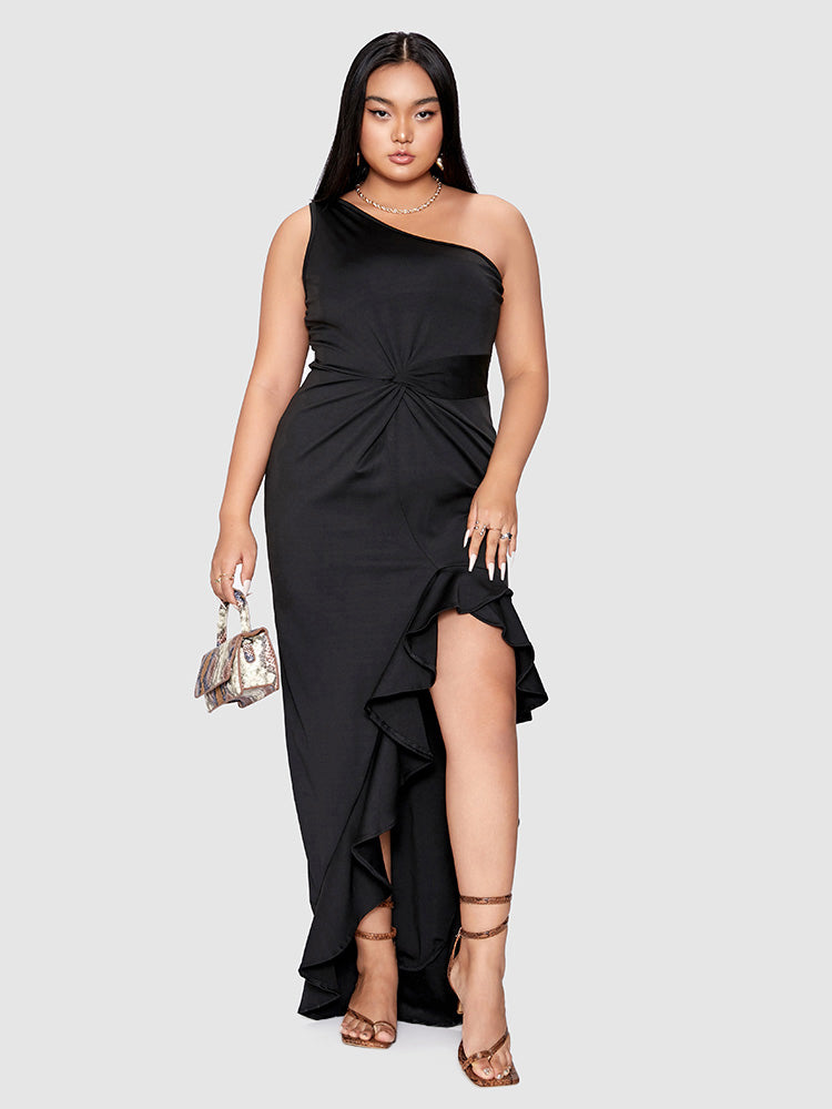Twist-front Ruffles Irregular Hem Dress