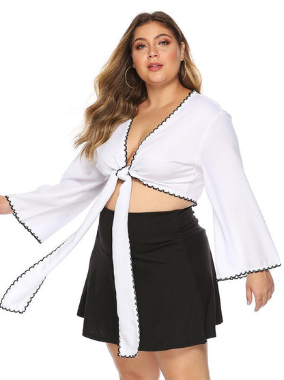 Lace Wrap Flared Sleeve Crop Top