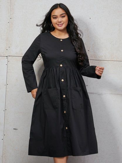 Pocket Button Front A Line Dress