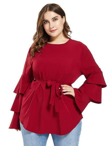 Ruffle Sleeve Belt Solid Blouse