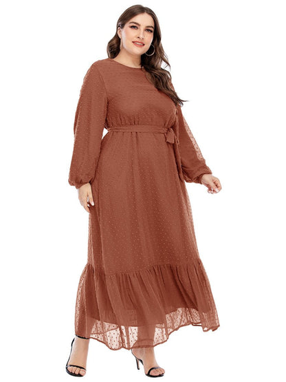 Dot Mesh Belt Round Neck Maxi Dress