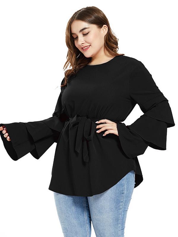 Ruffle Sleeve Belt Solid Blouse