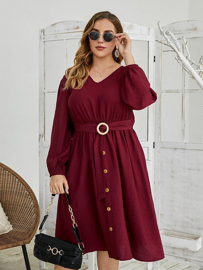 Belt Lantern Sleeve Commute Dress