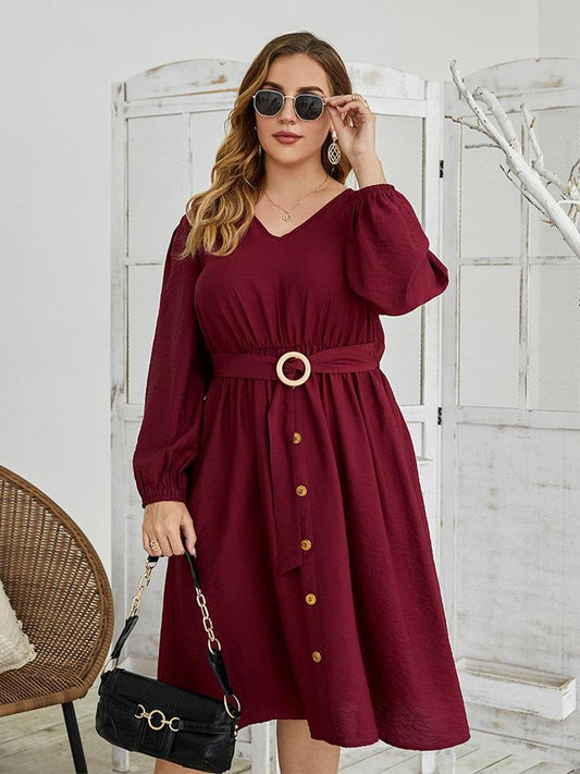 Belt Lantern Sleeve Commute Dress