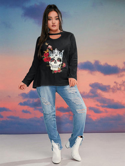 Halloween Skull Rose Print Cut Out T-shirt