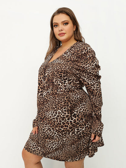 Leopard Print Pleated V-neck Dress