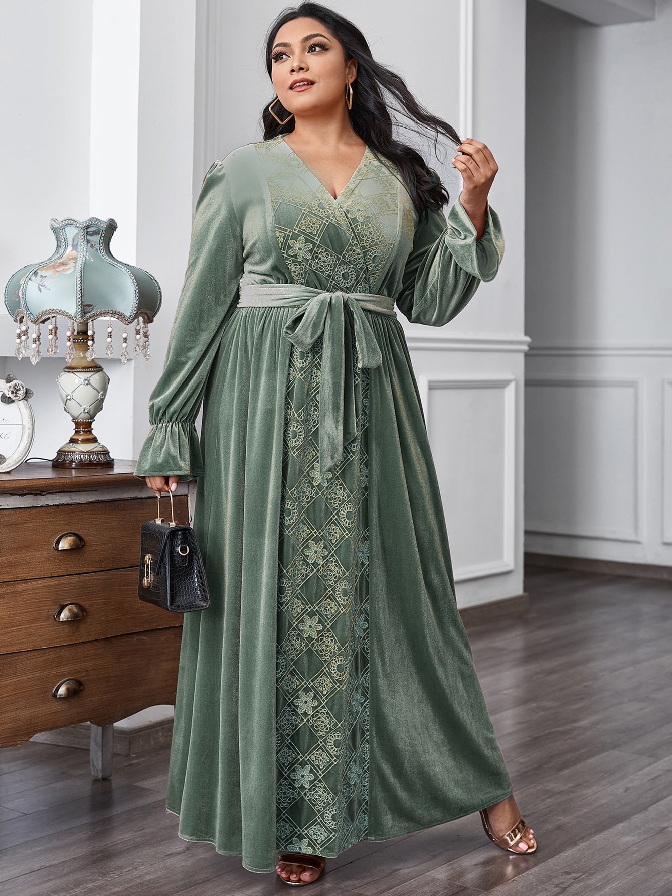 Floral & Argyle Embroidered Belt Velvet A-line Dress