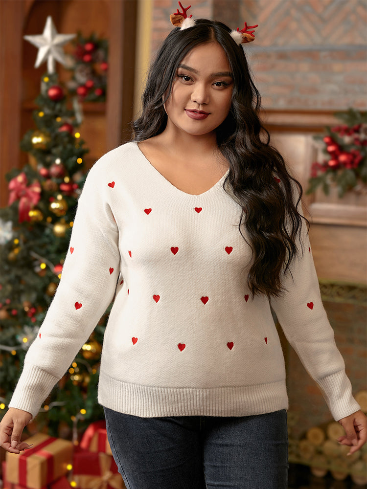 V Neck Heart Pattern Sweater