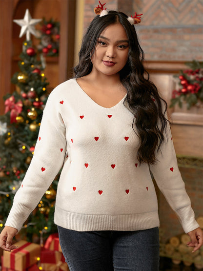 V Neck Heart Pattern Sweater