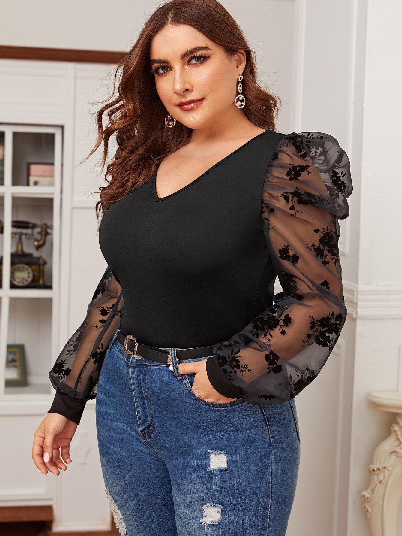 Flocked Mesh Gigot Sleeve Form Fitted Top