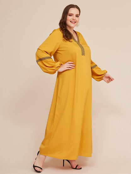 Embroidery V-neck Lantern Sleeve Loose Maxi Dress