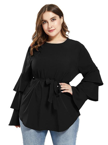 Ruffle Sleeve Belt Solid Blouse