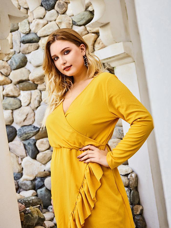 Ruffle V-neck Wrap Solid Color Midi Dress