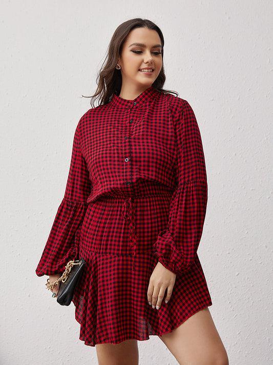Gingham Button Lantern Sleeve Dress