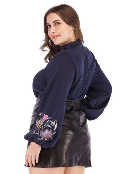 Embroidery Lantern Sleeve Round Neck Top