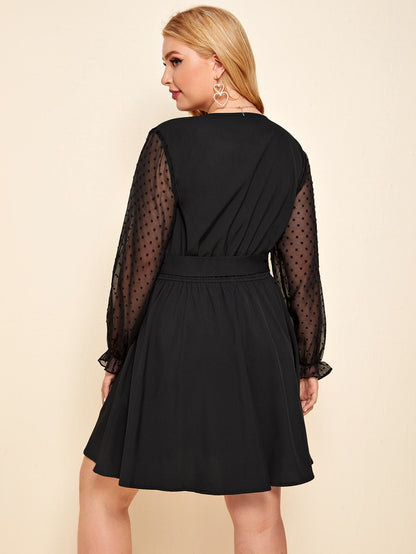 Swiss Dot Surplice Neck Belted Dress