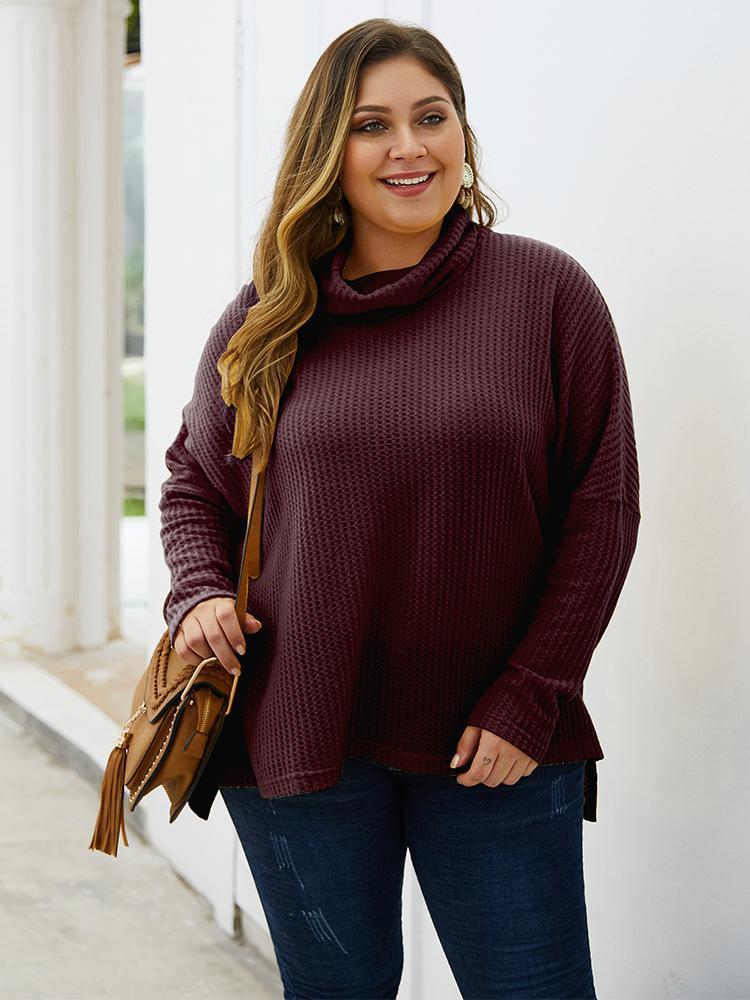 Turtleneck Waffle Solid Color Knit Top