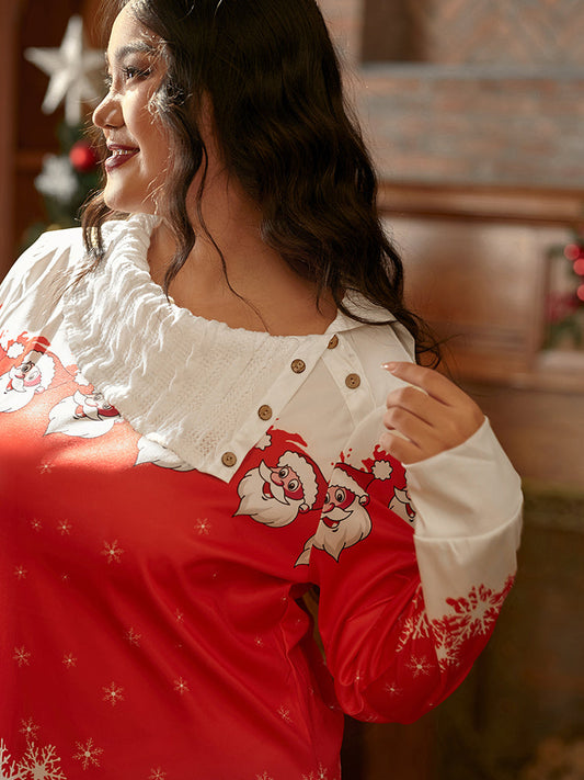 Christmas Print Button Funnel Neck Dress