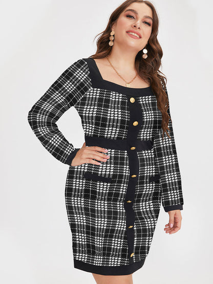 Tartan Pattern Square Neck Button Dress