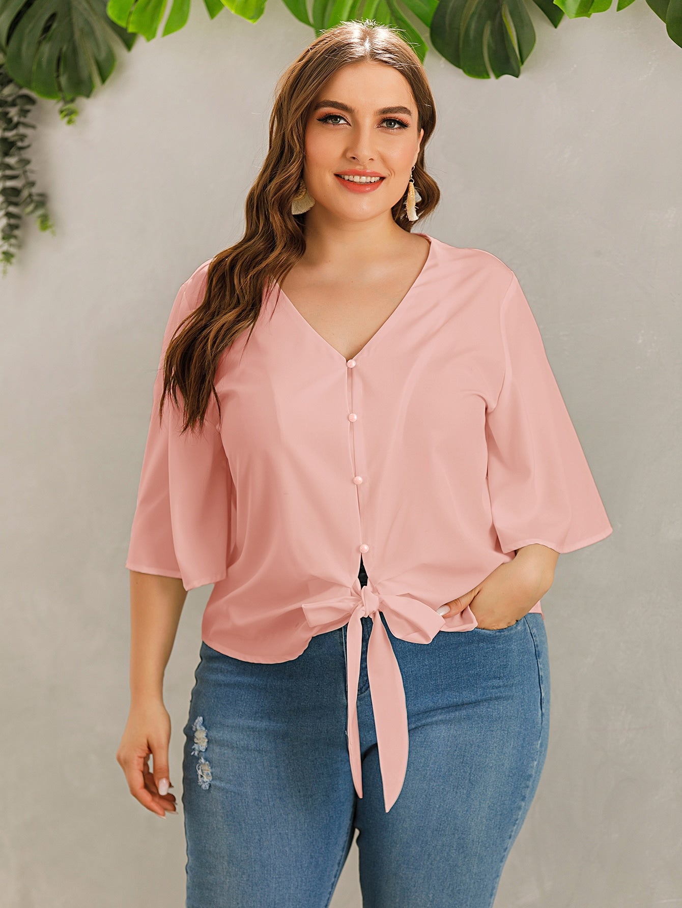 Solid Button Through Tie Front Blouse