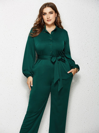 Solid Color Belt Lantern Sleeve Jumpsuits