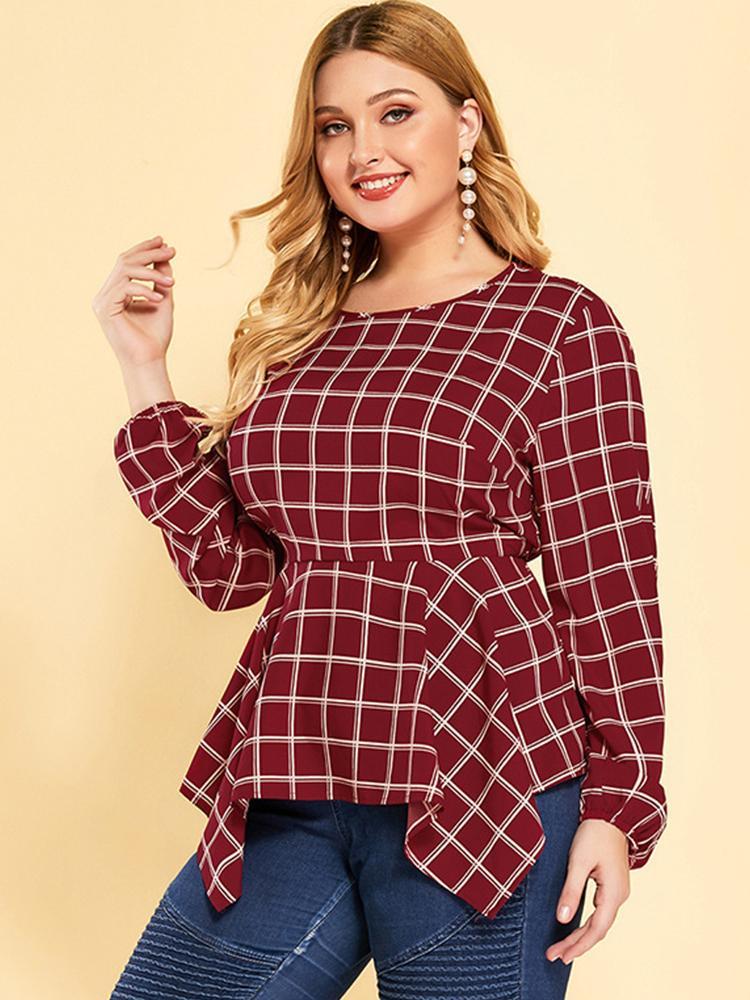 Plaid Irregular Hem Round Neck Blouse