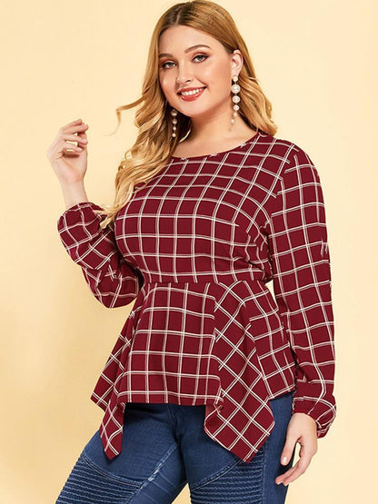 Plaid Irregular Hem Round Neck Blouse