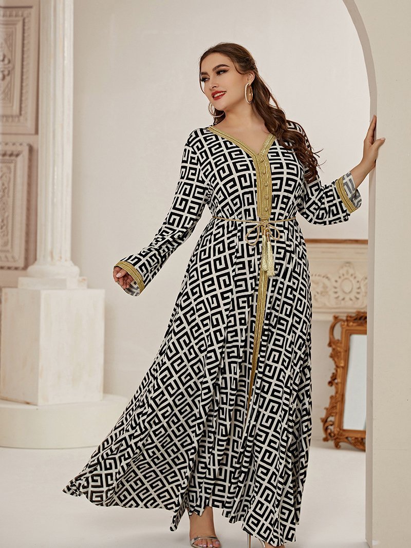 Printed Patchwork Belt V-neck Maxi Dress