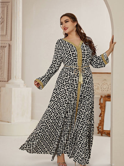 Printed Patchwork Belt V-neck Maxi Dress