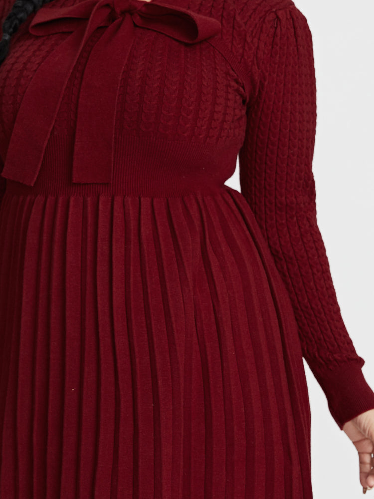 Tie Neck Bowknot Pleated Sweater Dress