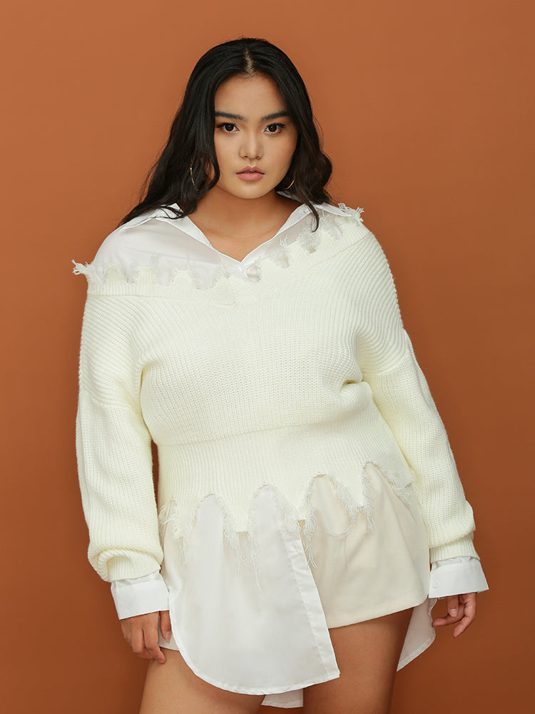 Distressed Raw Hem V Neck Sweater