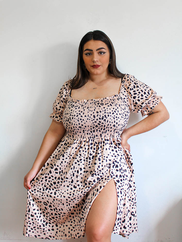 Leopard Shirred Square Collar Dress