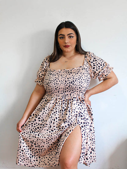 Leopard Shirred Square Collar Dress
