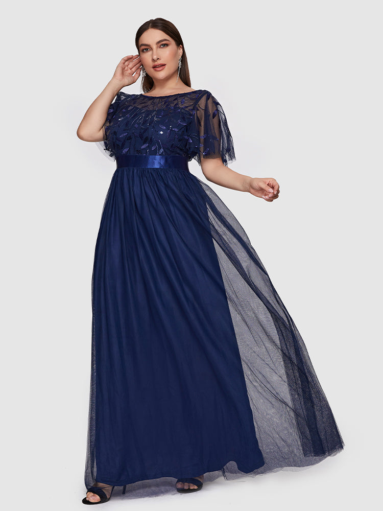 Sequin Plant Pattern Mesh Tiered Dress