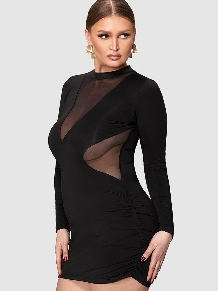 Solid Contrast Mesh Bodycon Dress