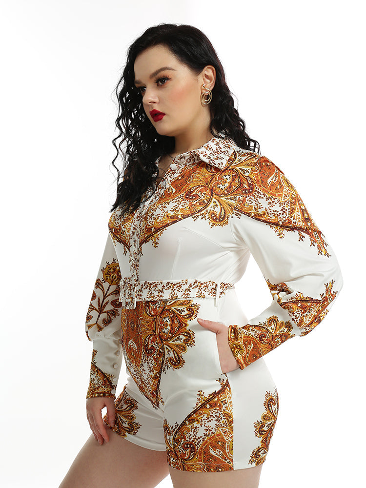 Vintage Paisley Printed Lapel Collar Jumpsuit