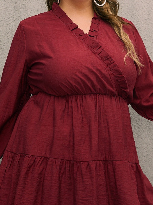 Solid Ruffle V-Neck  Dress