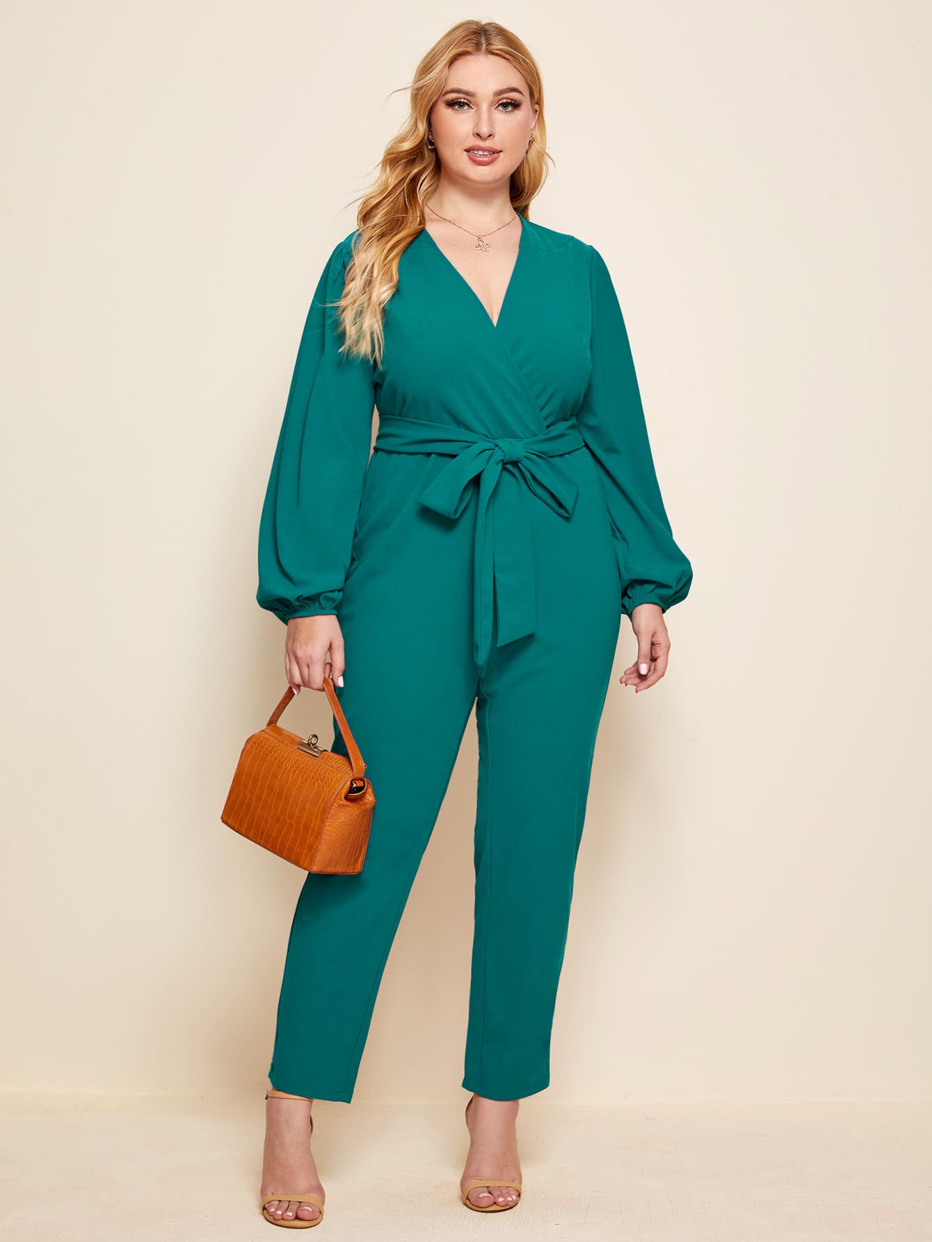 Surplice Neck Belted Jumpsuit