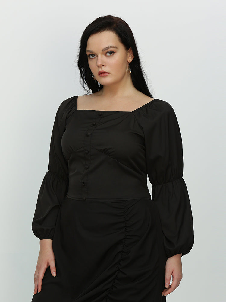 Irregular Ruffle Hem Lantern Sleeve Blouse