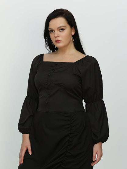 Irregular Ruffle Hem Lantern Sleeve Blouse