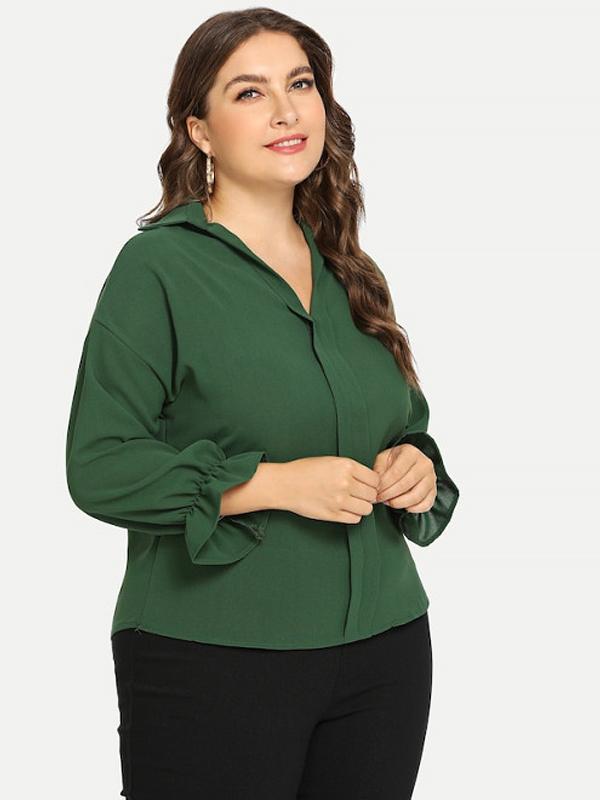 V-neck Solid Color Lantern Sleeve Blouse