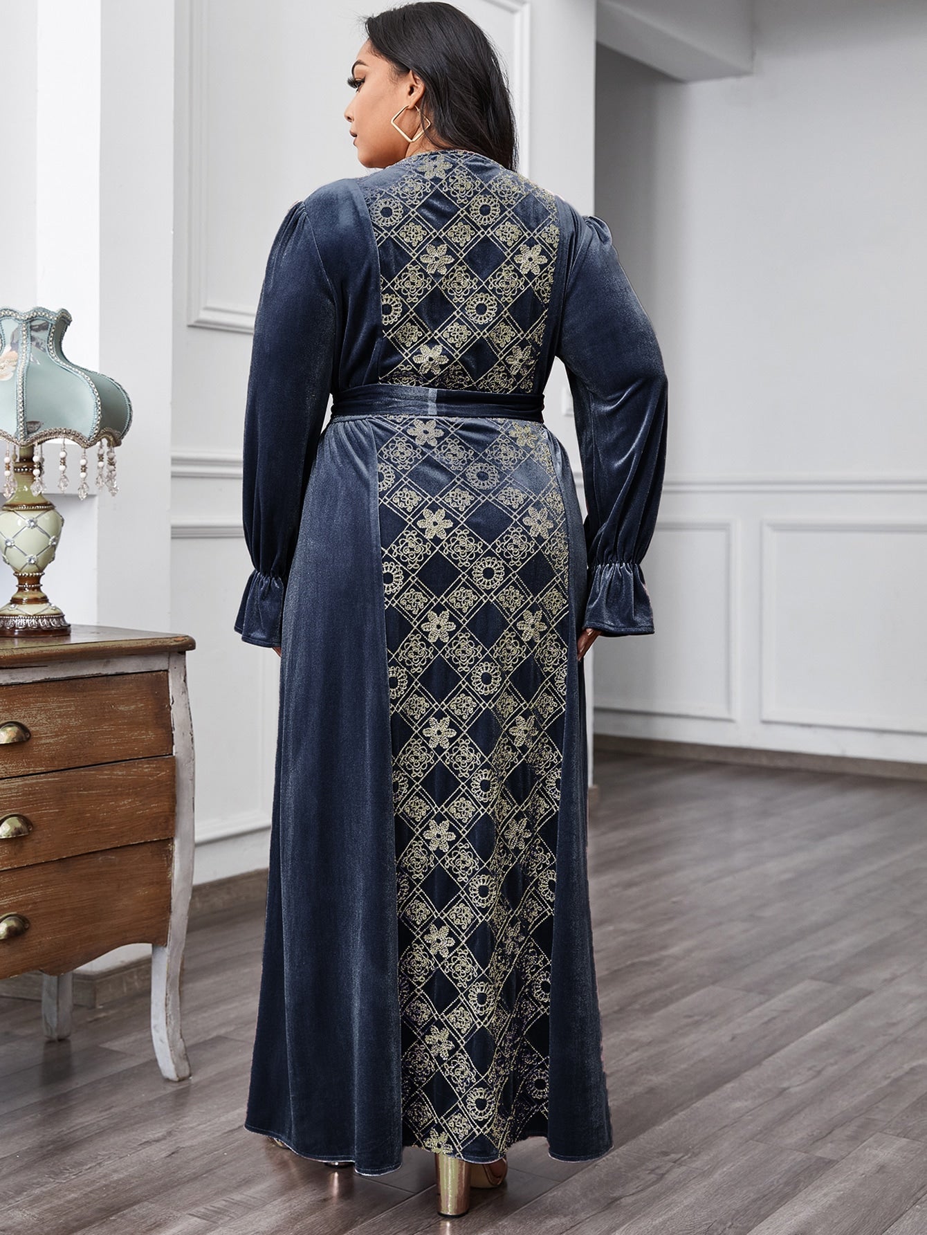 Floral & Argyle Embroidered Belt Velvet A-line Dress