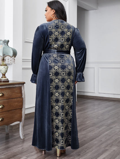 Floral & Argyle Embroidered Belt Velvet A-line Dress