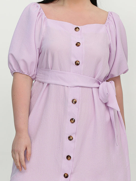 Bowknot Button Puff Sleeve Dress