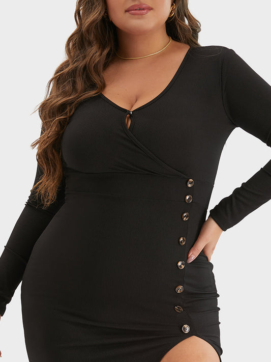 V Neck Button Split Bodycon Dress