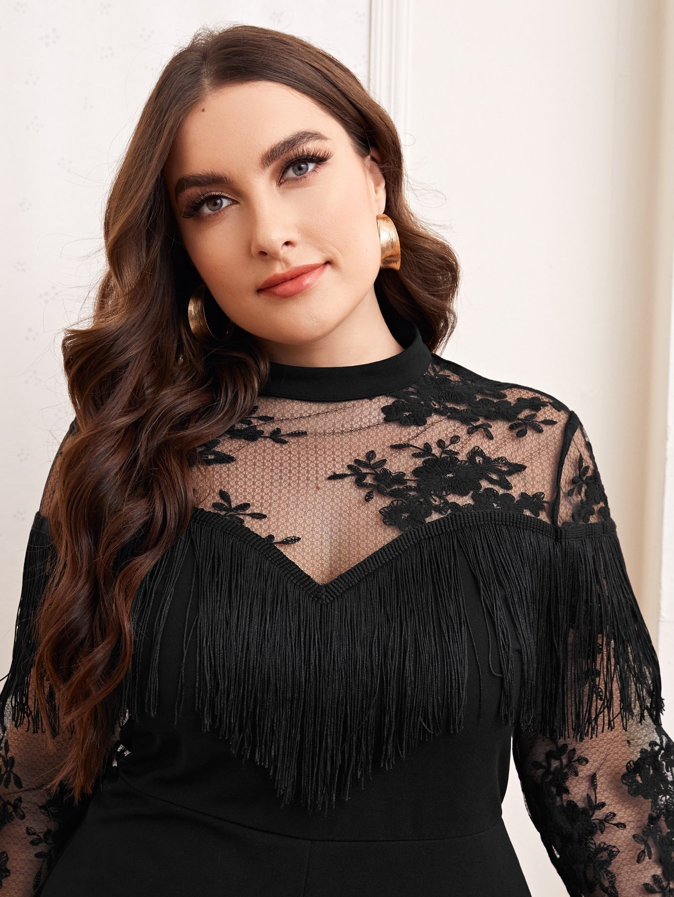 Lace Yoke Fringe Detail Palazzo Jumpsuit