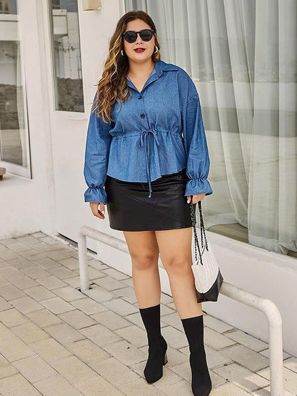 Denim Drawstring Waist Lapel Shirt