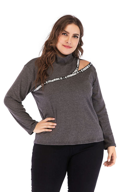 Letter Printed Hollow Out Turtleneck Knit Top