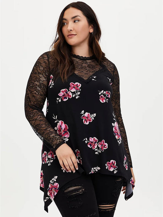 Lace Patchwork Floral Printed Blouse