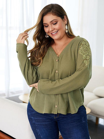 Waffle V-neck Embroidery Knit Top